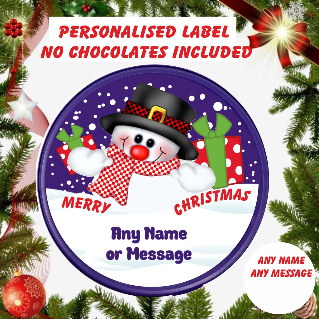 Christmas label for Heroes Chocolate Tub Personalised Snowman Design Christmas chocolates gift idea