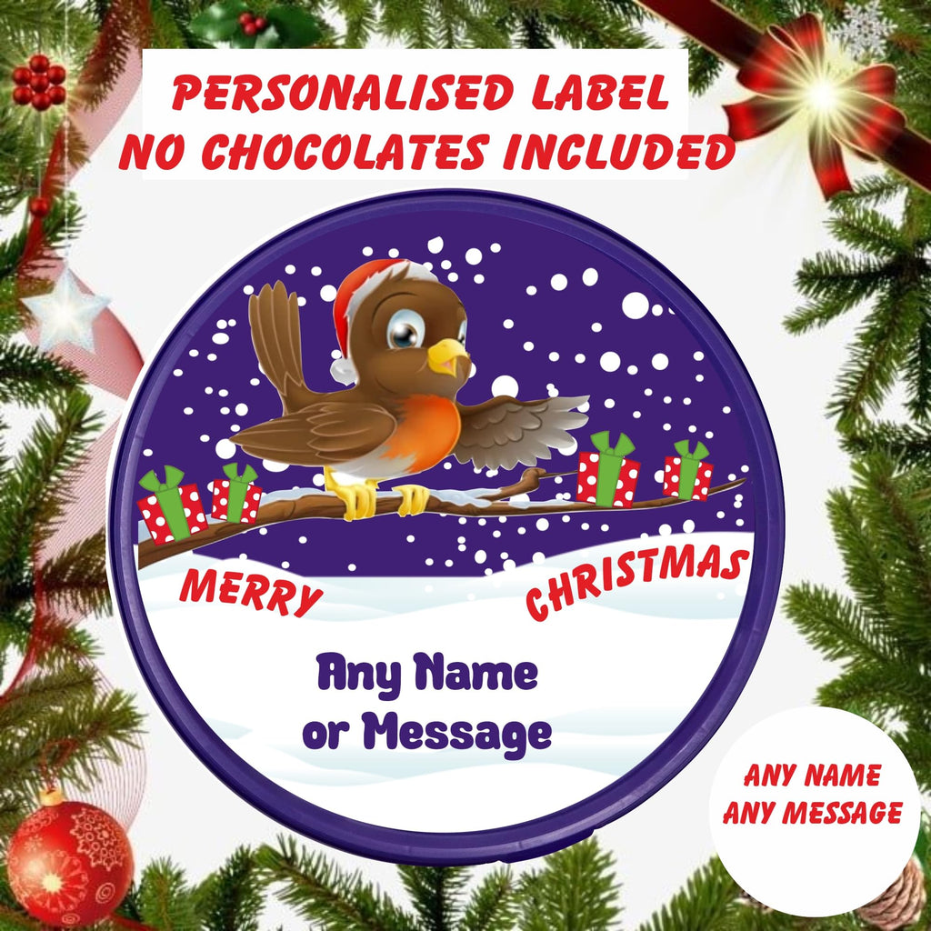 Christmas Robin design Personalised label for Heroes Chocolate Tub chocolates gift idea