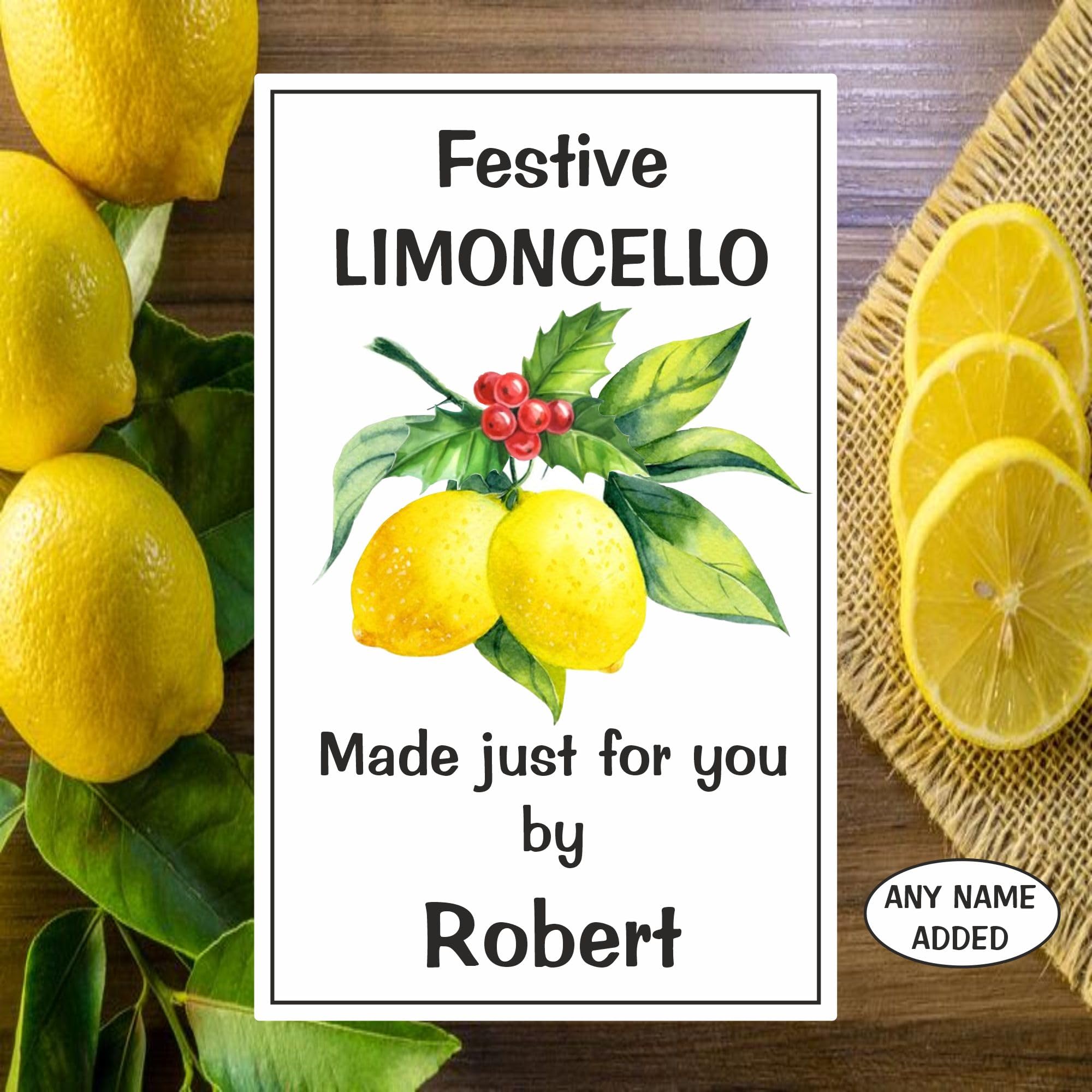 8 Personalised Festive Limoncello Bottle Labels Great Christmas Gift, Stocking Filler, Neighbour etc
