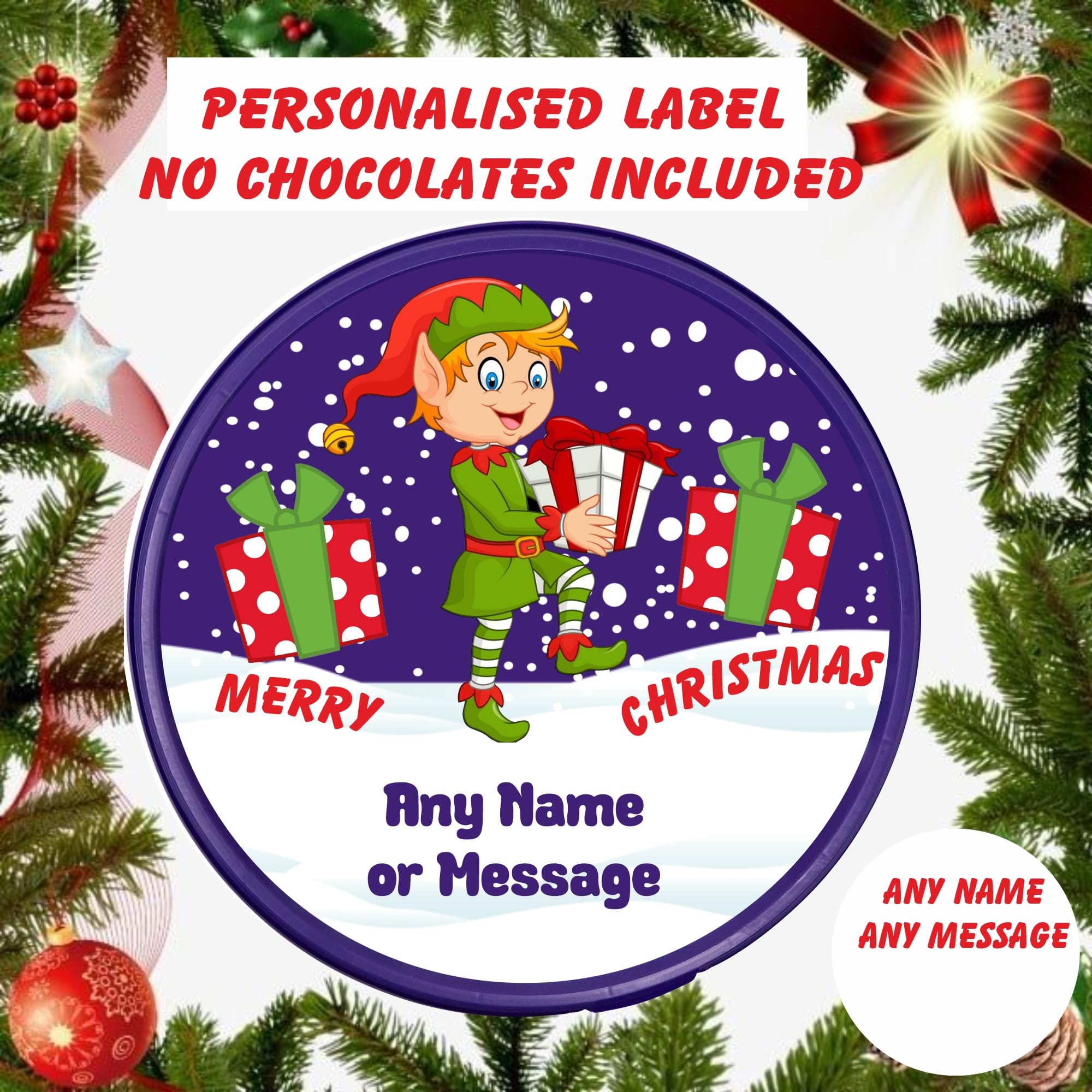 Elf design Personalised Christmas label for Heroes Chocolate Tub gift idea