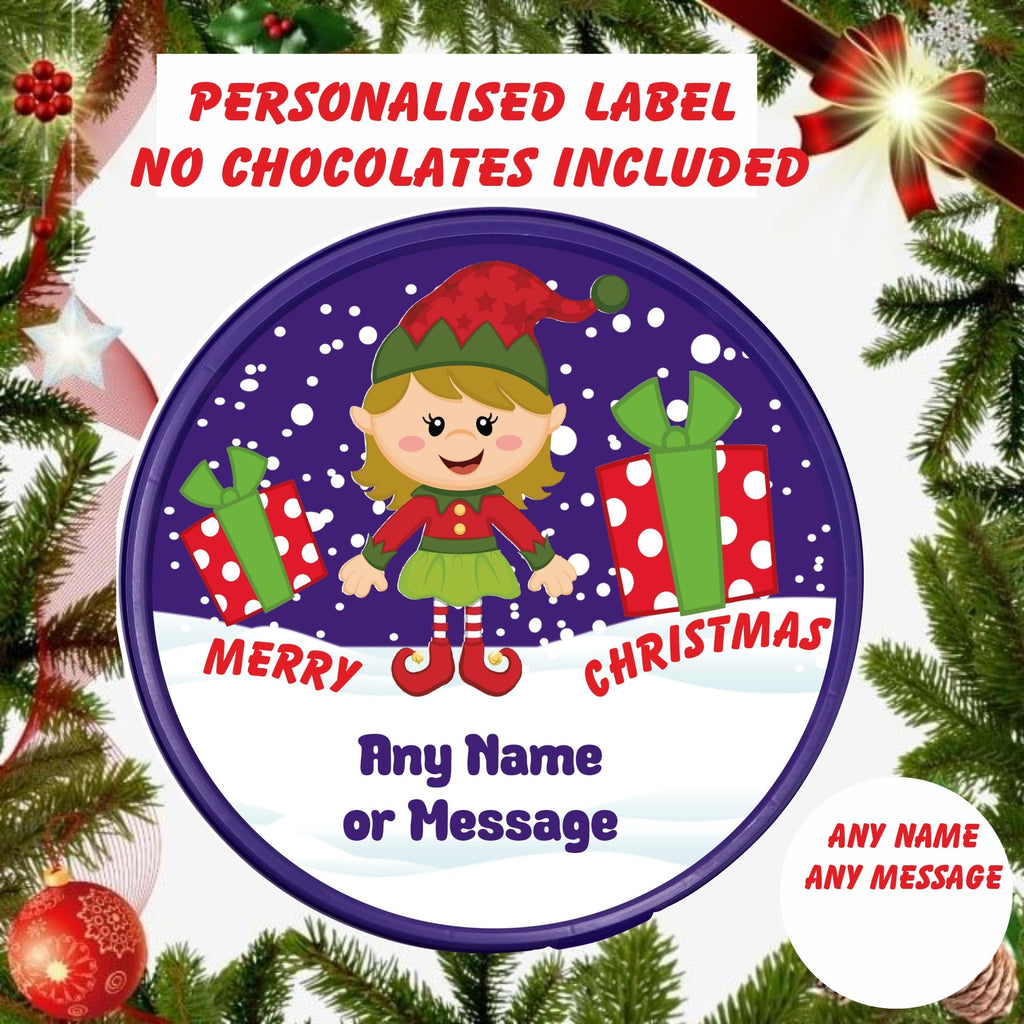 Personalised Christmas Elf Girl design label for Heroes Chocolate Tub Christmas chocolates gift idea