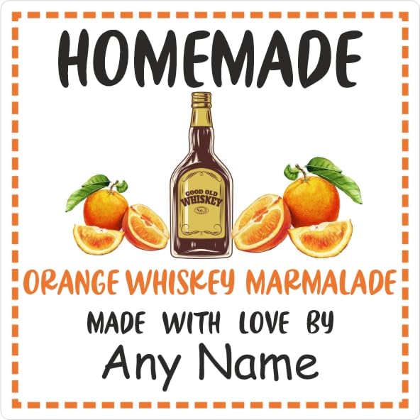 39 Orange Whiskey Marmalade Jar Labels, Stickers Square Design Personalised with Any Name