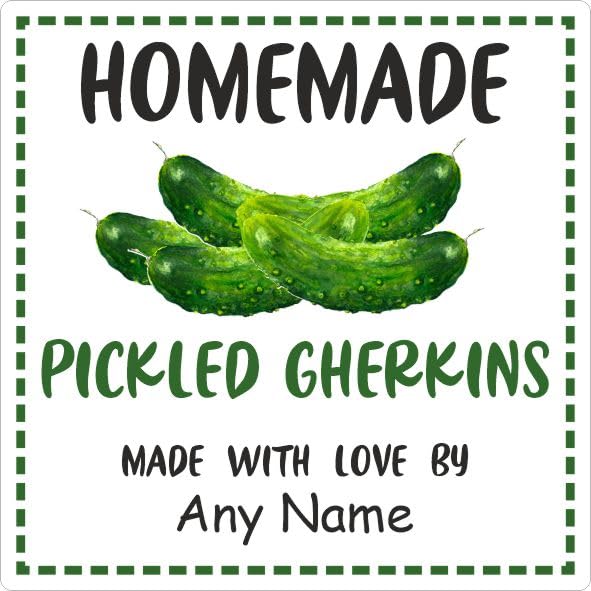 39 Pickled Gherkin Jar Labels, Stickers Square Design Personalised with Any Name