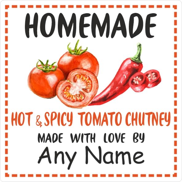 39 Hot & Spicy Tomato Chutney Labels, Stickers Square Design Personalised with Any Name