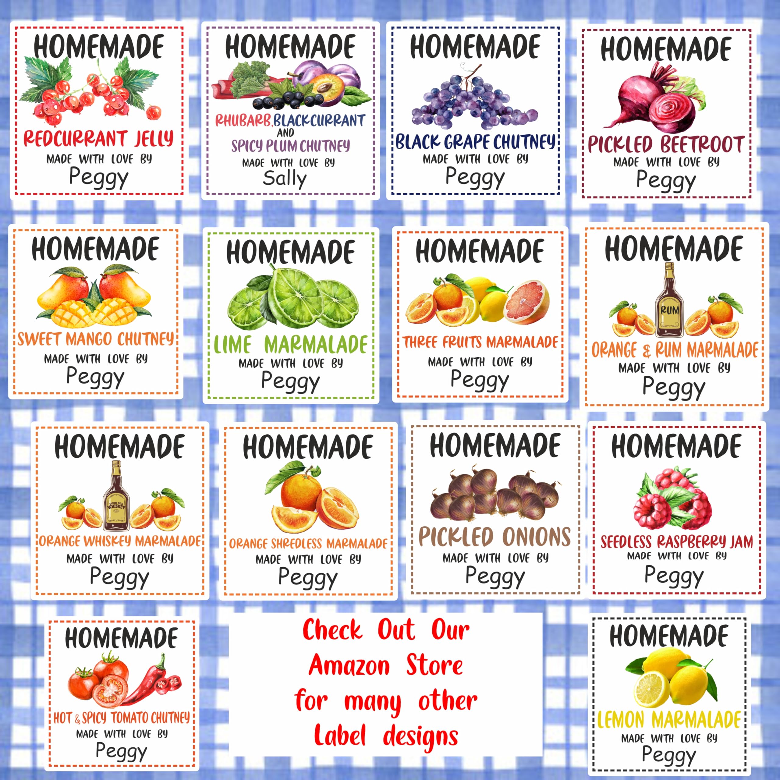 39 Gooseberry Jam Jar Labels, Stickers Square Design Personalised with Any Name