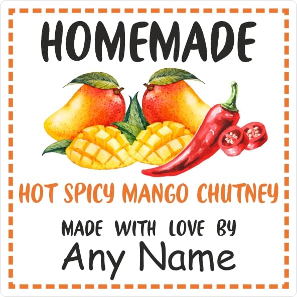 39 Hot Spicy Mango Chutney Jar Labels, Stickers Square Design Personalised with Any Name
