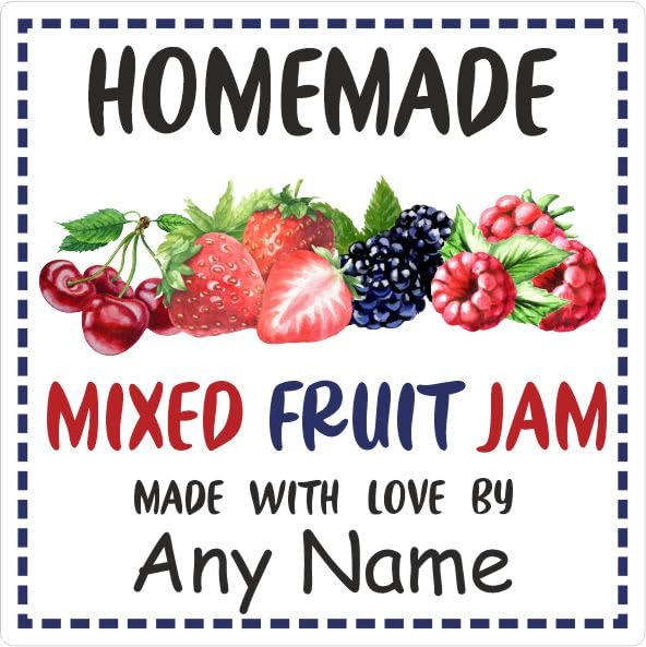 39 Mixed Fruit Jam Jar Labels, Stickers Square Design Personalised with Any Name