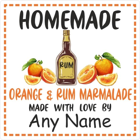 39 Orange & Rum Marmalade Jar Labels, Stickers Square Design Personalised with Any Name