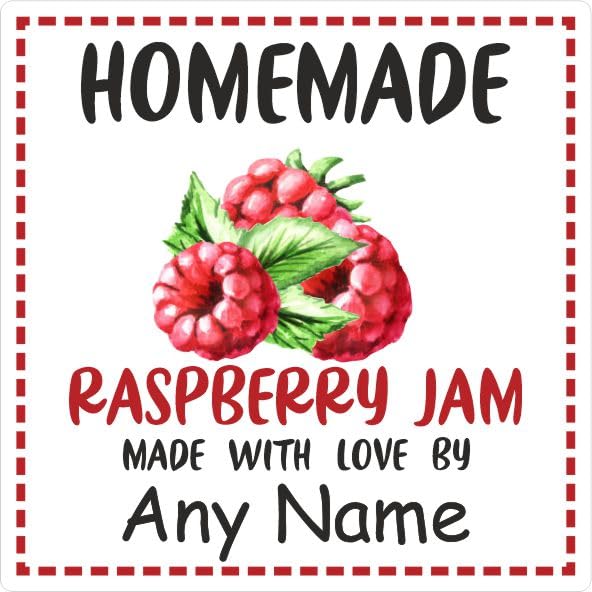 39 Raspberry Jam Jar Labels, Stickers Square Design Personalised with Any Name