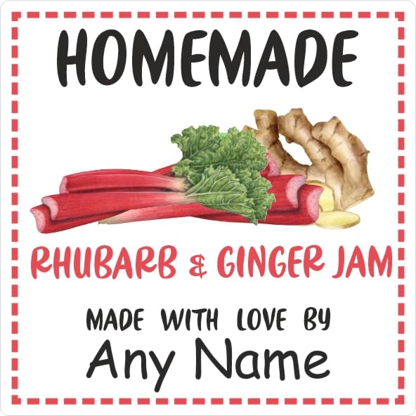 39 Rhubarb & Ginger Jam Jar Labels, Stickers Square Design Personalised with Any Name