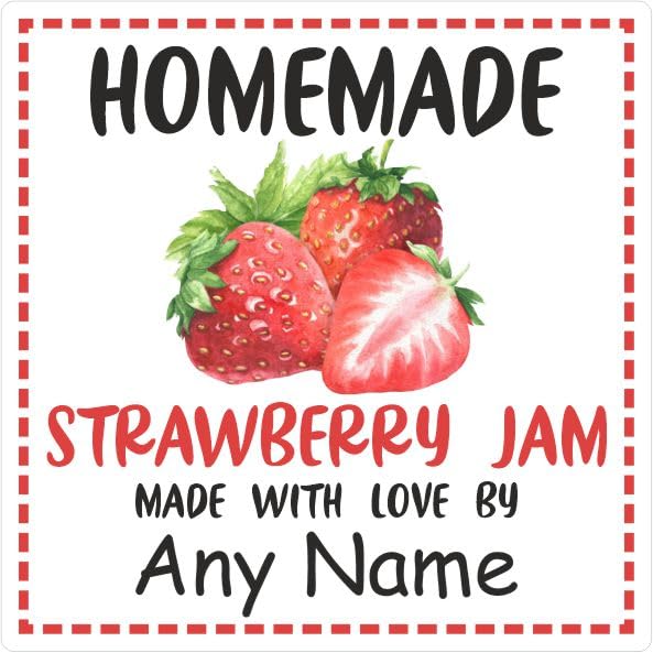 39 Strawberry Jam Jar Labels, Stickers Square Design Personalised with Any Name
