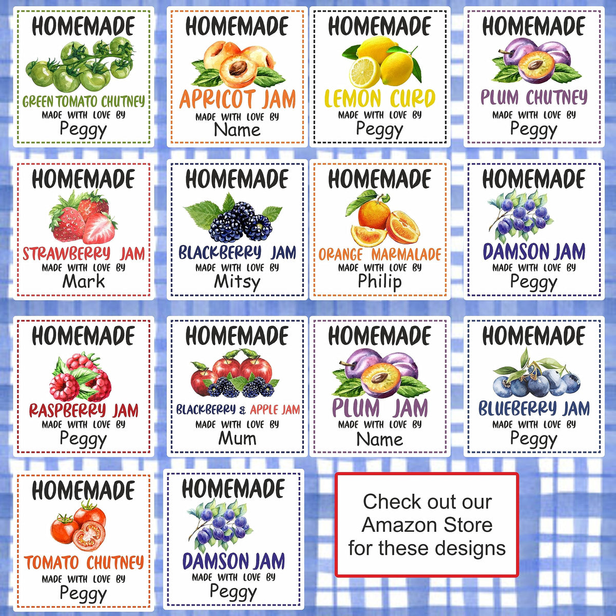 39 Strawberry Jam Jar Labels, Stickers Square Design Personalised with Any Name