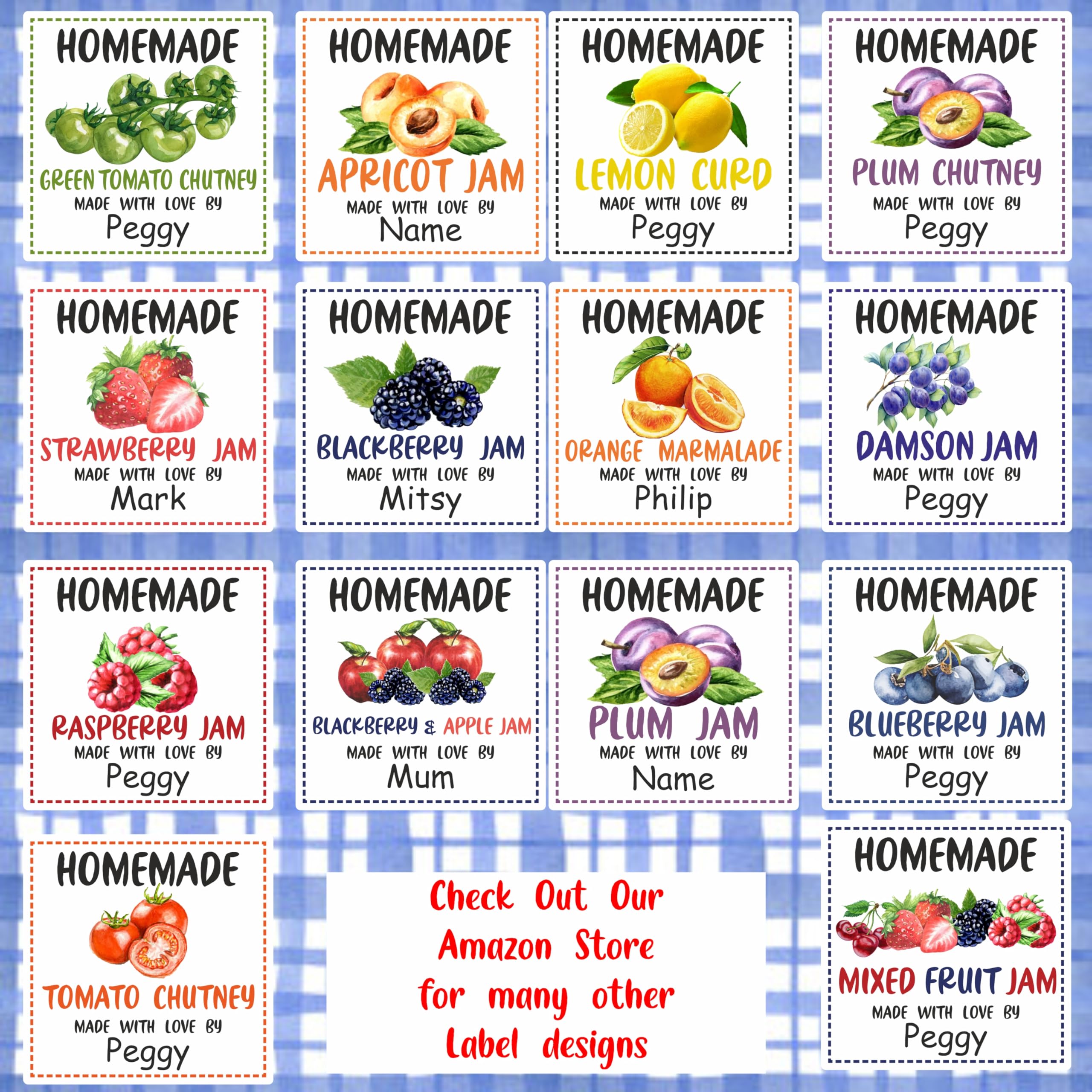 39 Apple & Pear Jam Jar Labels, Stickers Square Design Personalised with Any Name