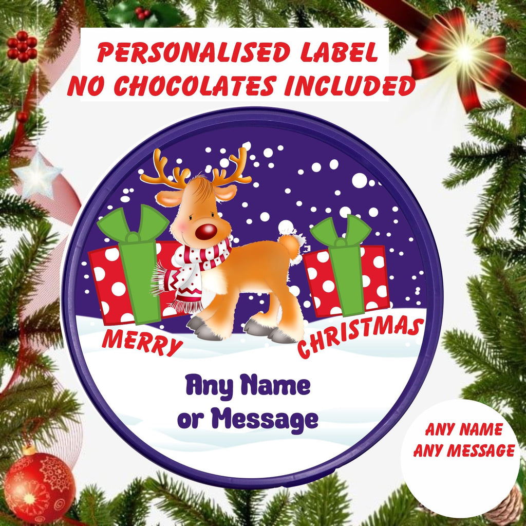 Reindeer design label for Heroes Chocolate Tub Personalised Christmas gift idea
