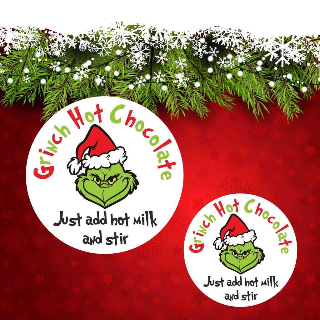 Grinch Hot Chocolate Stickers, Just Add Hot Milk and Stir 39 Labels