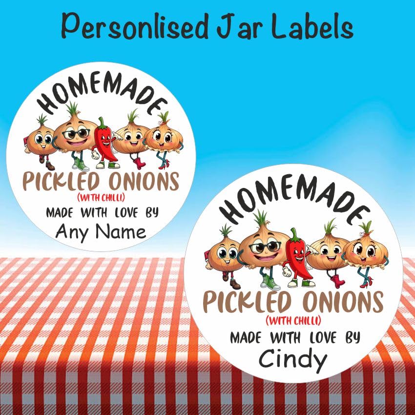 39 Pickled Onions with Chilli Labels, Stickers Personalised with Any Name