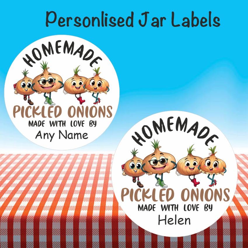 39 Pickled Onions Jar Labels, Dancing Onion Design Stickers Personalised with Any Name