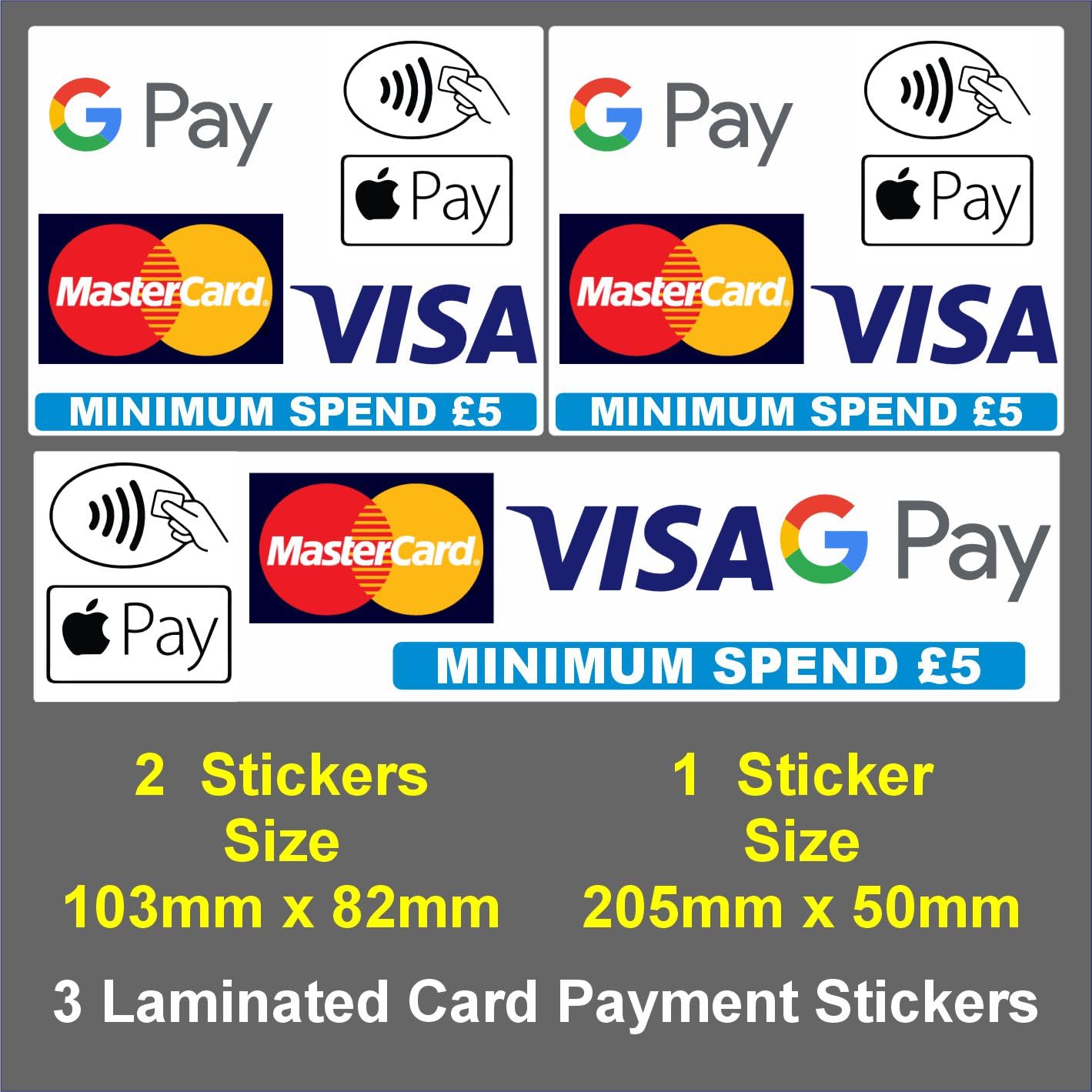 webstickers Minimum Spend £5 Contactless Card Payment - Set of 3 Vinyl Laminated Stickers for Shops, Taxis, Pubs