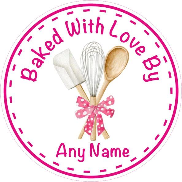 Personalised Baked with Love By Labels Design Pink Polka Dot Ribbon & Whisk. for Home Bakes, Cookies, Cup Cake Boxes or Bags