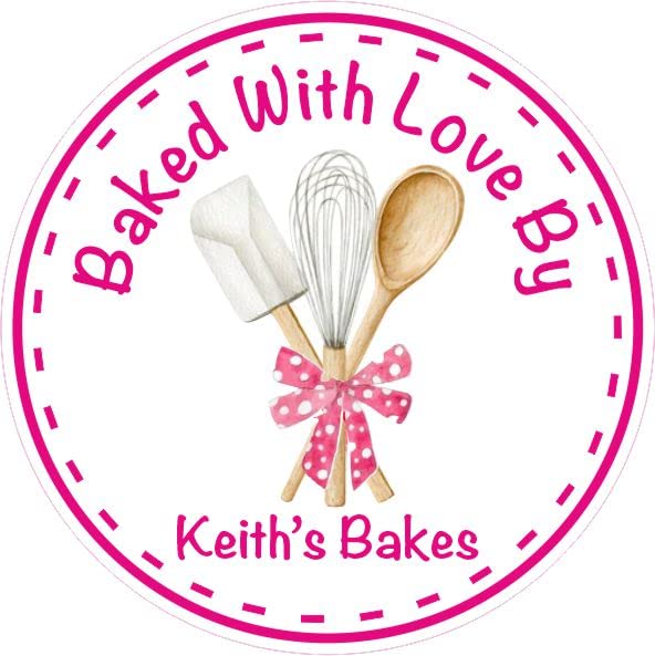 Personalised Baked with Love By Labels Design Pink Polka Dot Ribbon & Whisk. for Home Bakes, Cookies, Cup Cake Boxes or Bags