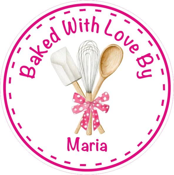 Personalised Baked with Love By Labels Design Pink Polka Dot Ribbon & Whisk. for Home Bakes, Cookies, Cup Cake Boxes or Bags