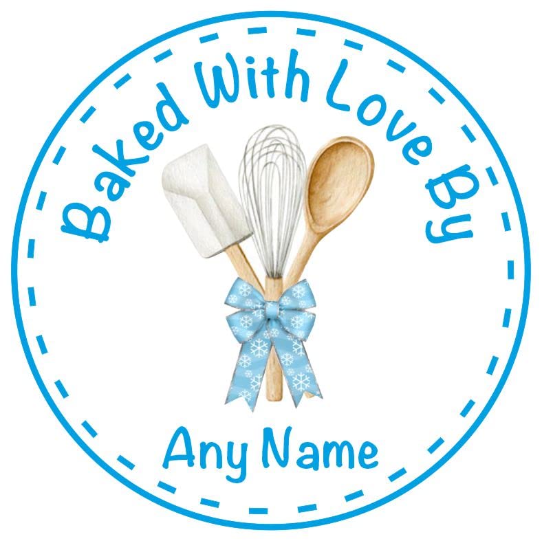 Personalised Baked with Love by Labels Design Blue Ribbon Any Name Added Ideal for Home Bakes, Cookies, Cup Cake Boxes or Bags