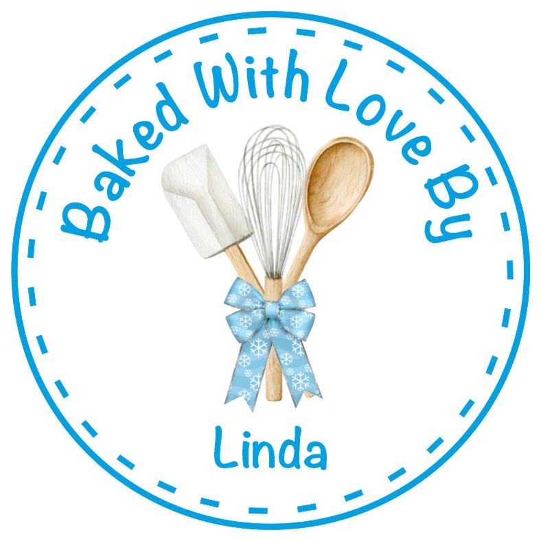 Personalised Baked with Love by Labels Design Blue Ribbon Any Name Added Ideal for Home Bakes, Cookies, Cup Cake Boxes or Bags