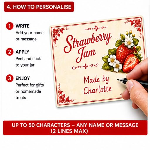 Personalised Strawberry Jam Labels, 21 Gloss Vinyl Stickers, 95 x 57mm
