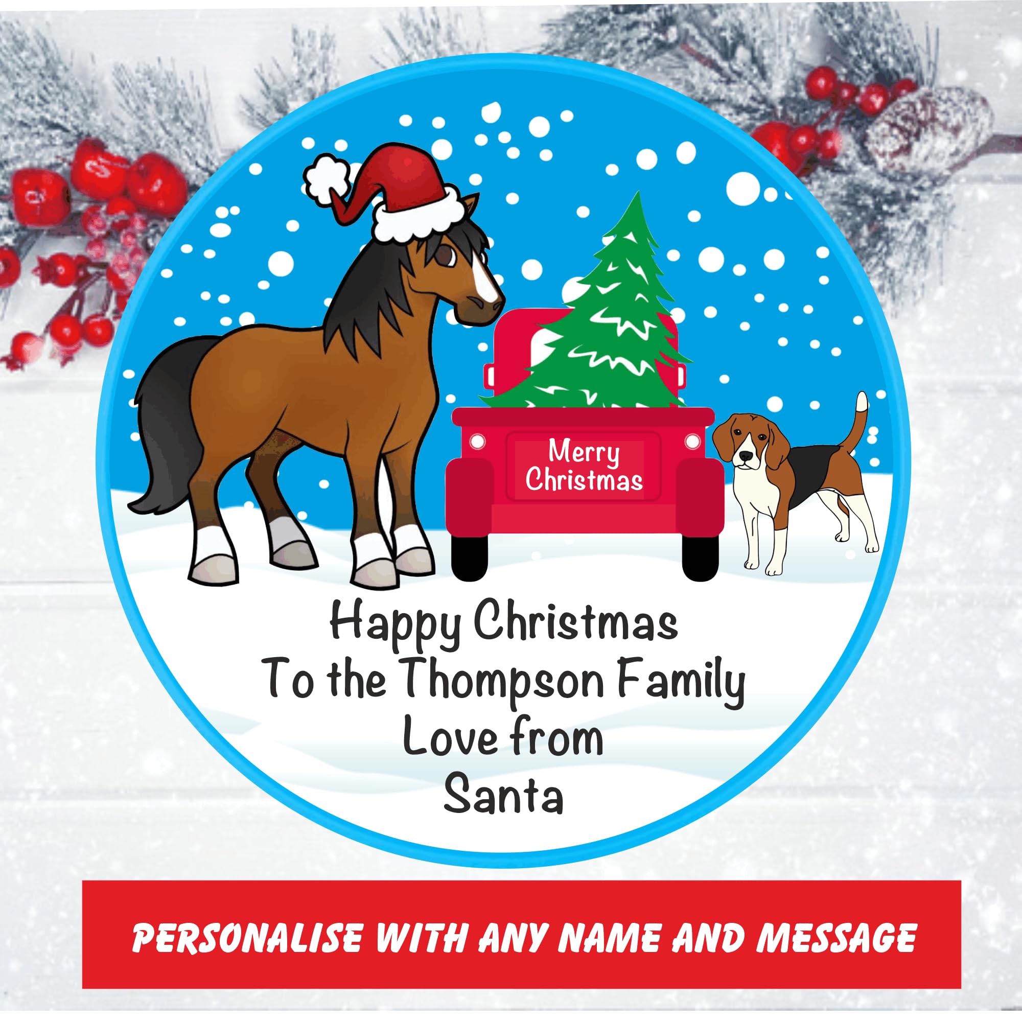 Happy Horse Christmas Design Personalised Roses Chocolate Tub label for chocolates gift idea
