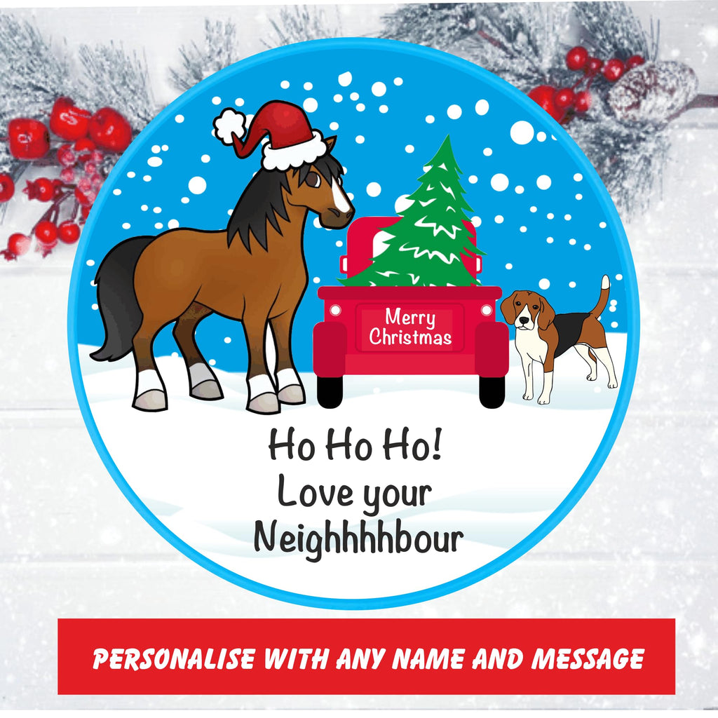 Happy Horse Christmas Design Personalised Roses Chocolate Tub label for chocolates gift idea