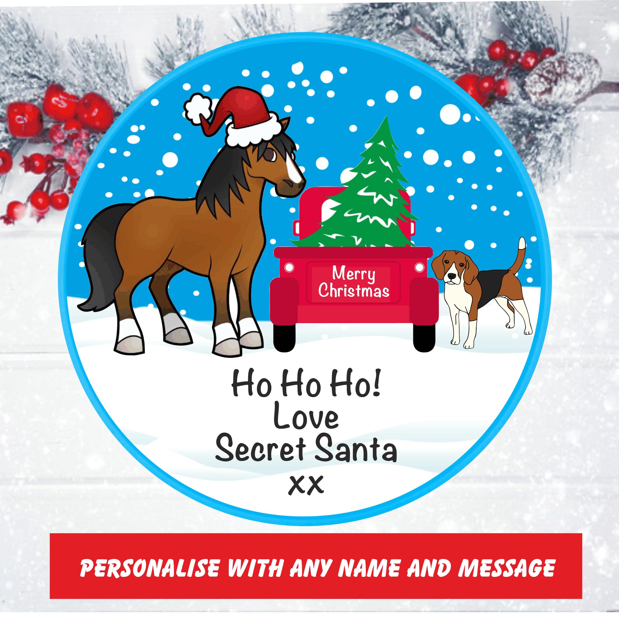 Happy Horse Christmas Design Personalised Roses Chocolate Tub label for chocolates gift idea