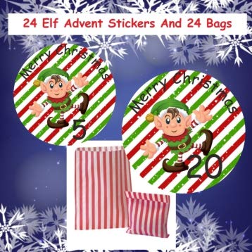 24 Elf Christmas Advent Calendar Stickers & 24 Paper Red Bags Boys or Girls