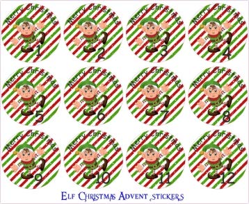 24 Elf Christmas Advent Calendar Stickers & 24 Paper Red Bags Boys or Girls