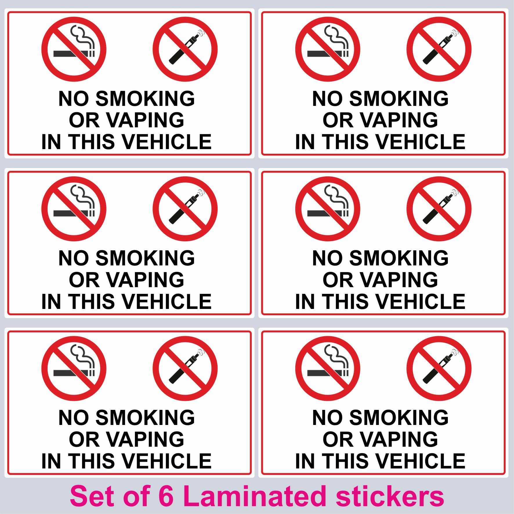 6 No Smoking or Vaping Vinyl Stickers Taxi's Minibus Cab Van Truck