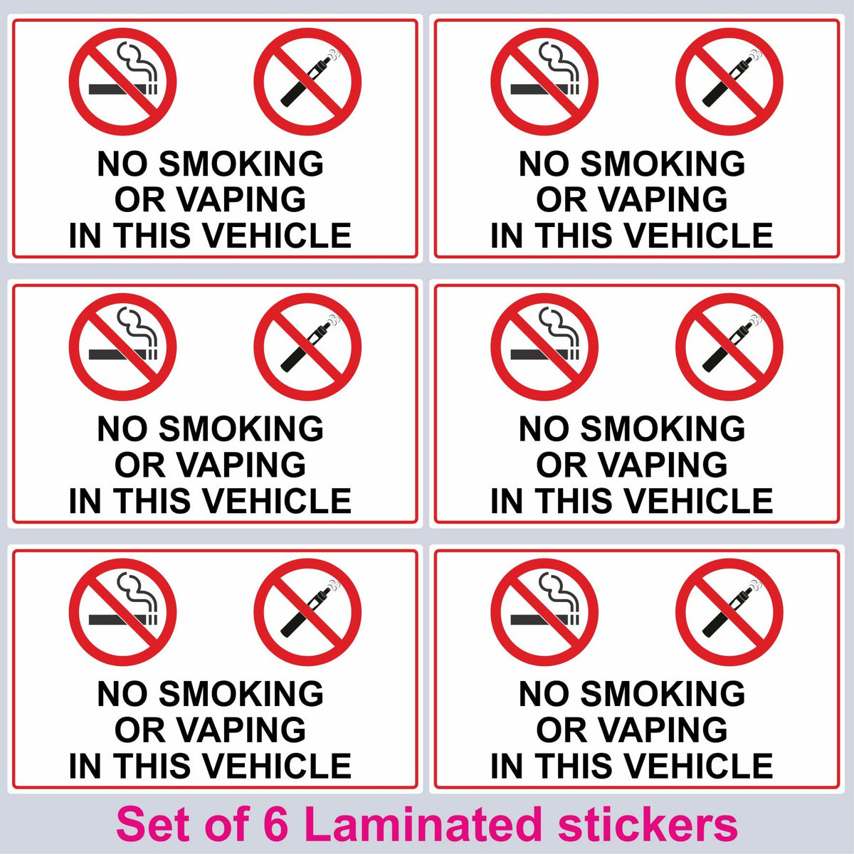 No Smoking or Vaping Vinyl Stickers Taxi's Minibus Cab Vans etc Set of 6