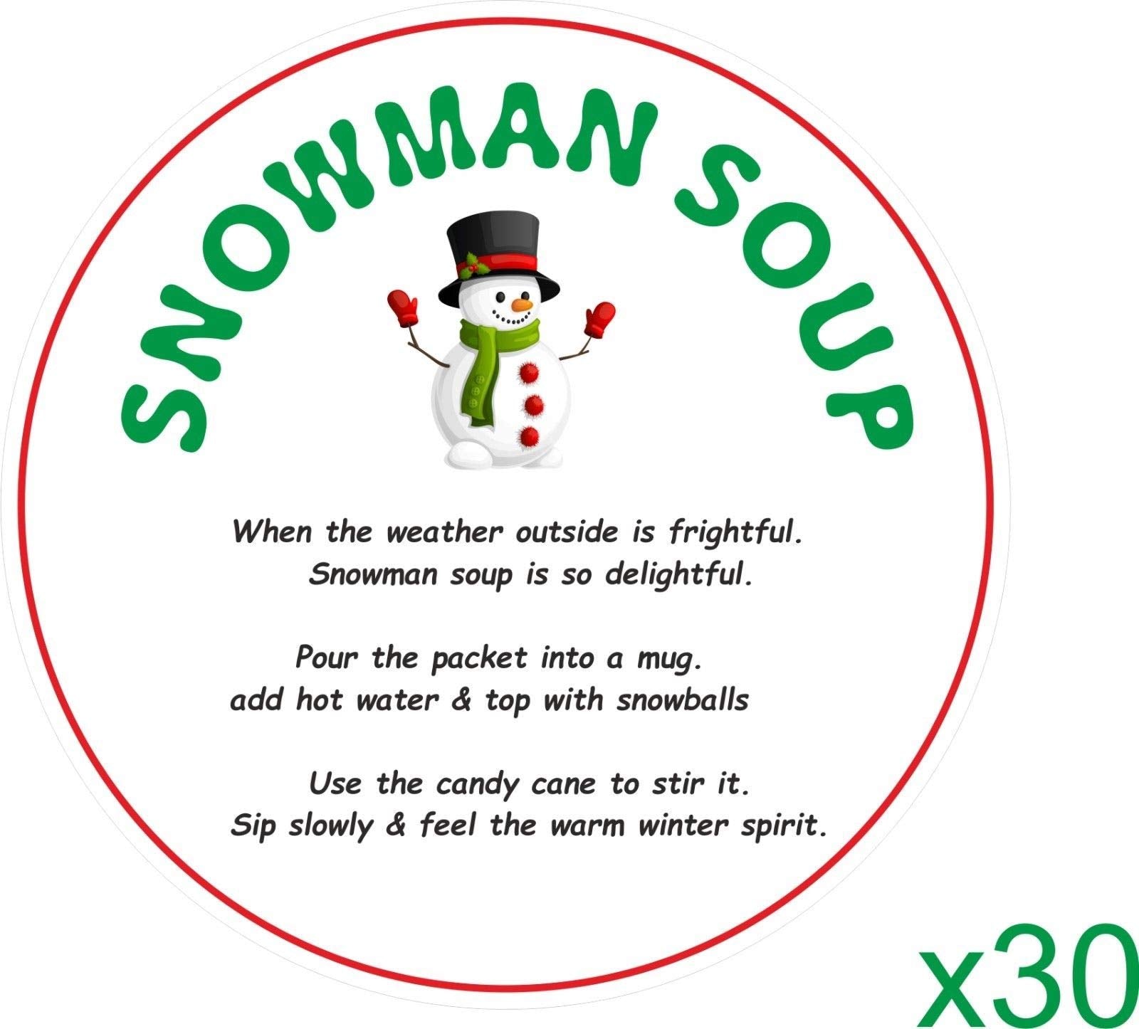 30 Colour Printed Snowman Soup Christmas Stickers, Labels, Seals