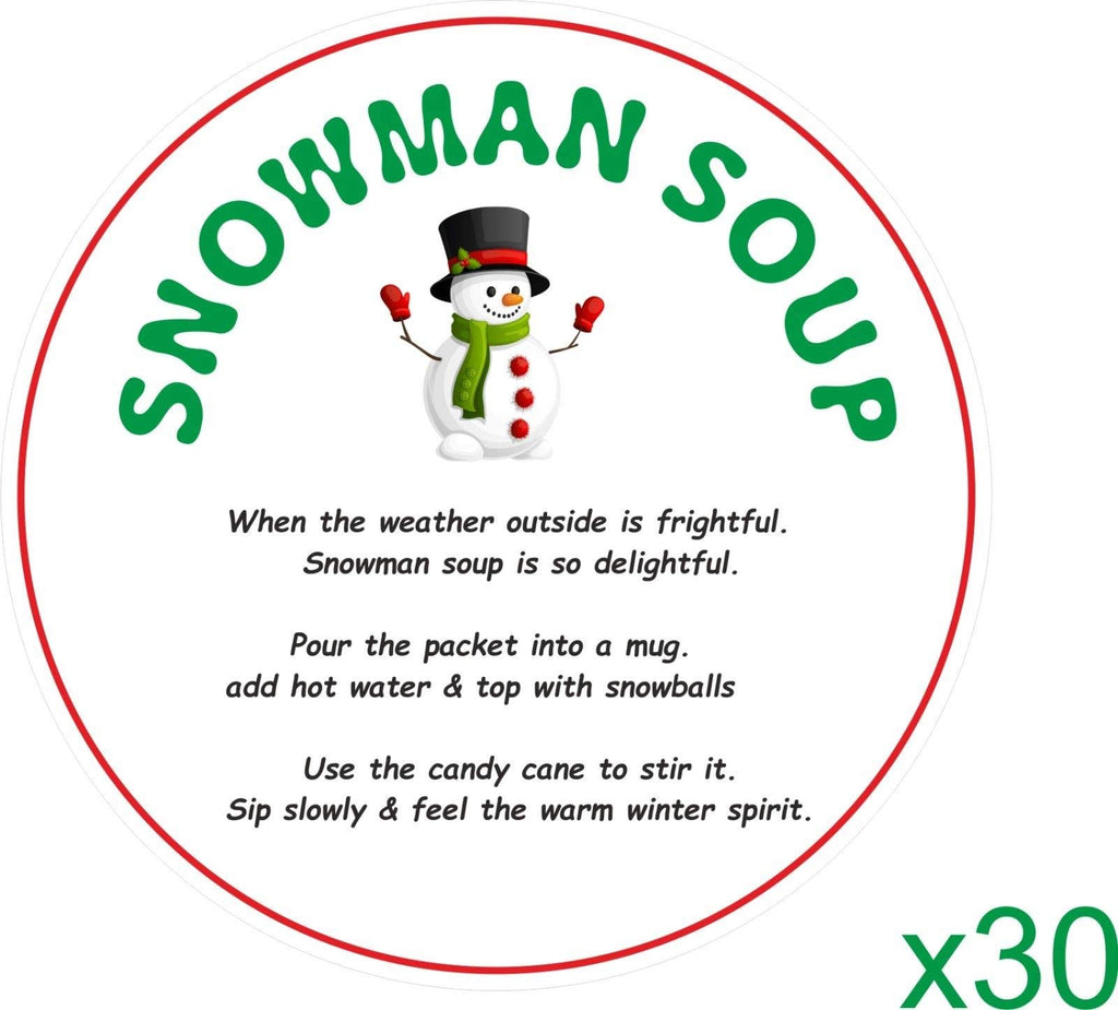 30 Colour Printed Snowman Soup Christmas Stickers, Labels, Seals