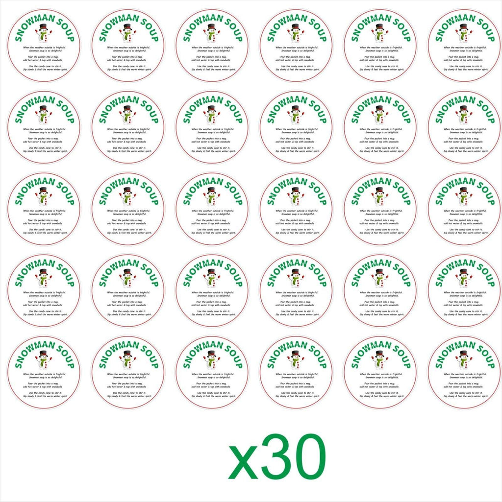 30 Colour Printed Snowman Soup Christmas Stickers, Labels, Seals