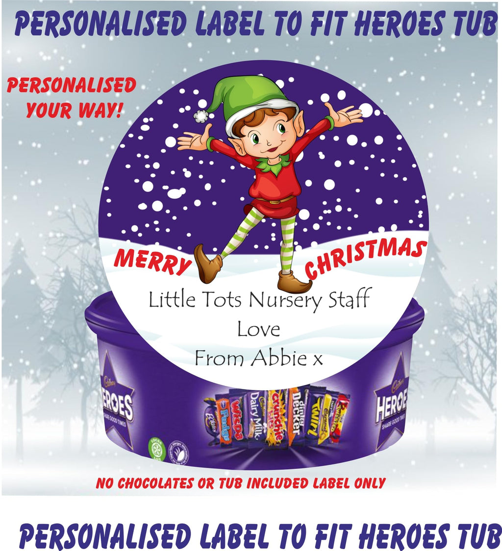 Personalised Christmas Elf design label for Heroes Chocolate Tub Christmas chocolates gift idea