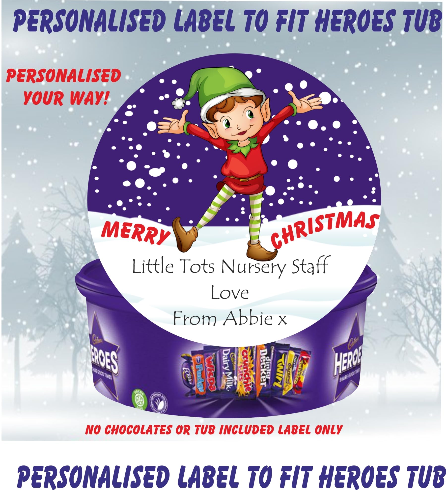 Personalised Christmas Elf design label for Heroes Chocolate Tub Christmas chocolates gift idea