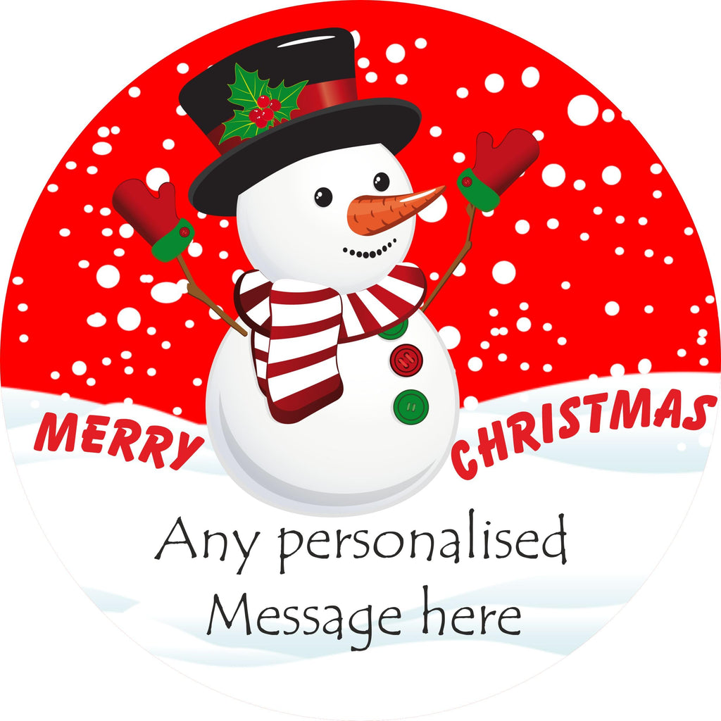 Snowman Personalised Design Christmas label for Celebrations Chocolate Tub Christmas chocolates gift idea
