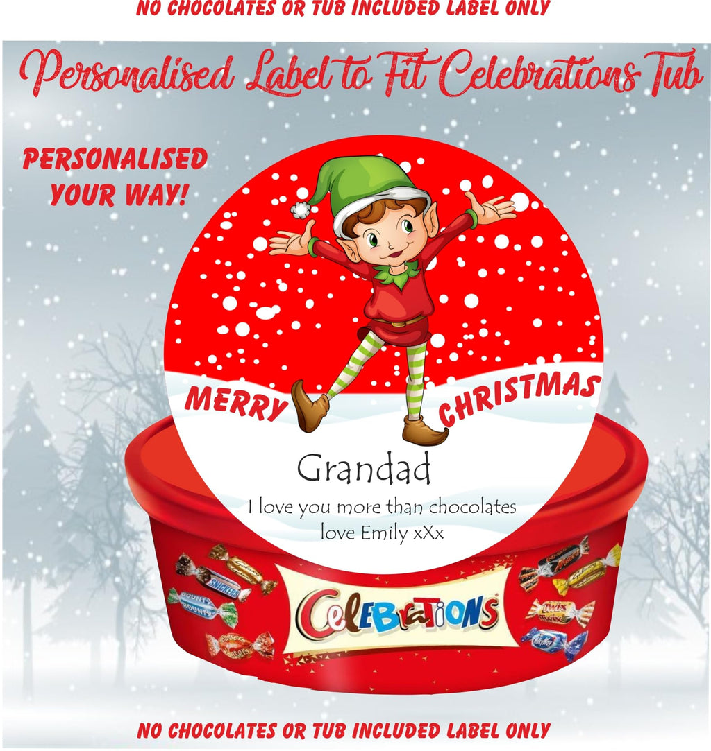 Christmas Elf Personalised Design label for Celebrations Chocolate Tub Christmas chocolates gift idea