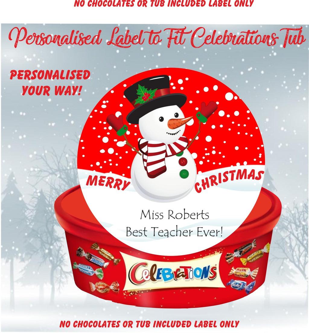 Snowman Personalised Design Christmas label for Celebrations Chocolate Tub Christmas chocolates gift idea