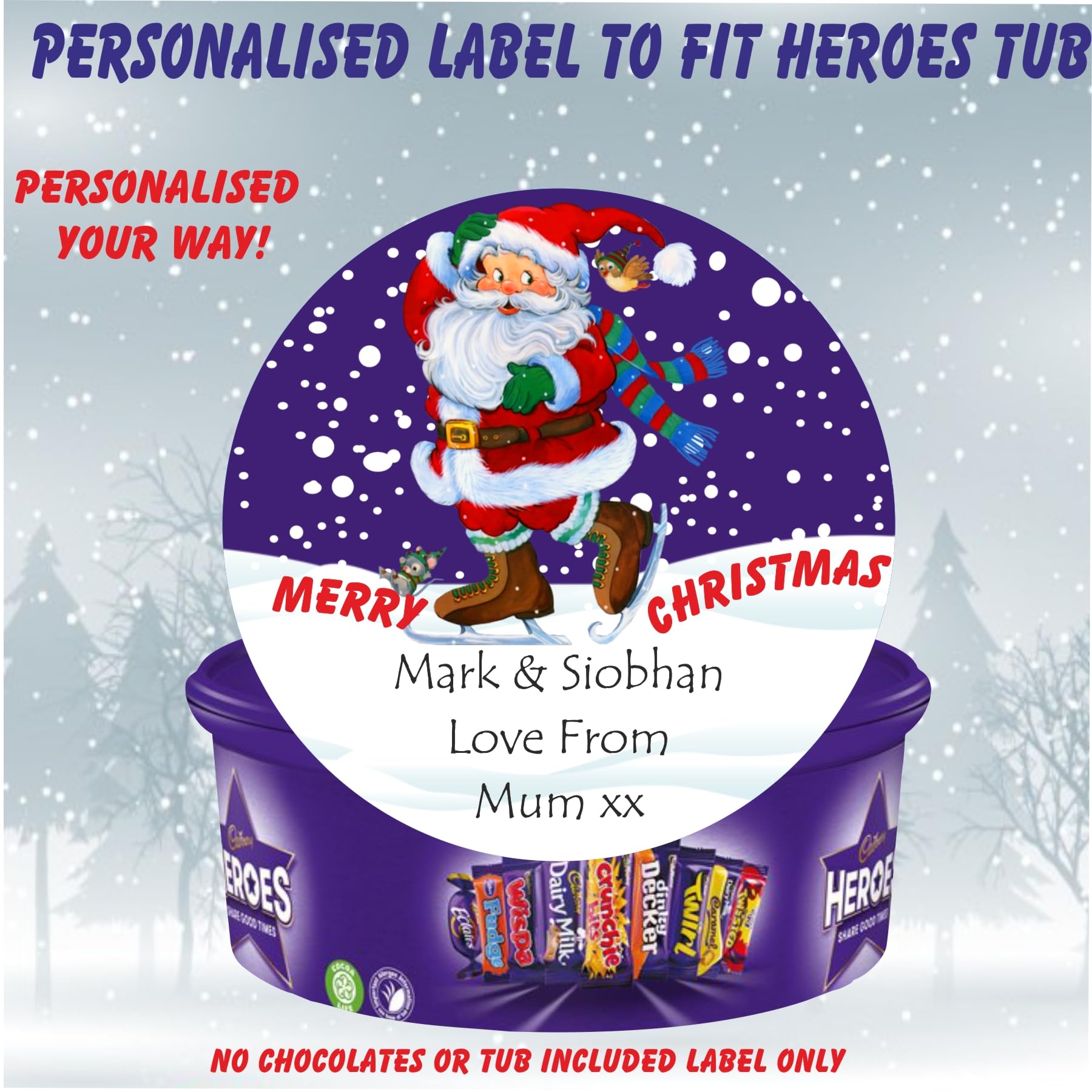 Personalised Father Christmas design label for Heroes Chocolate Tub Christmas chocolates gift idea