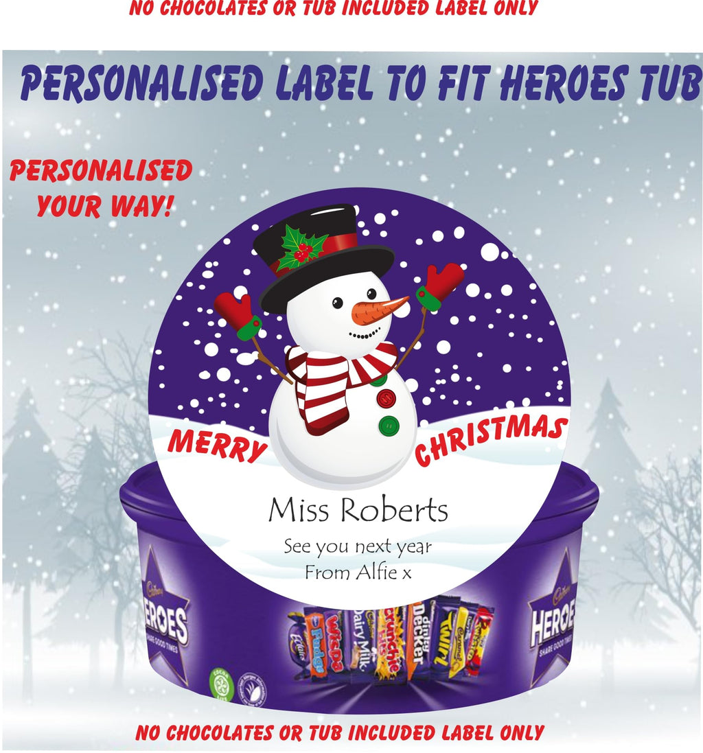 Personalised Snowman Design Christmas label for Heroes Chocolate Tub Christmas chocolates gift idea