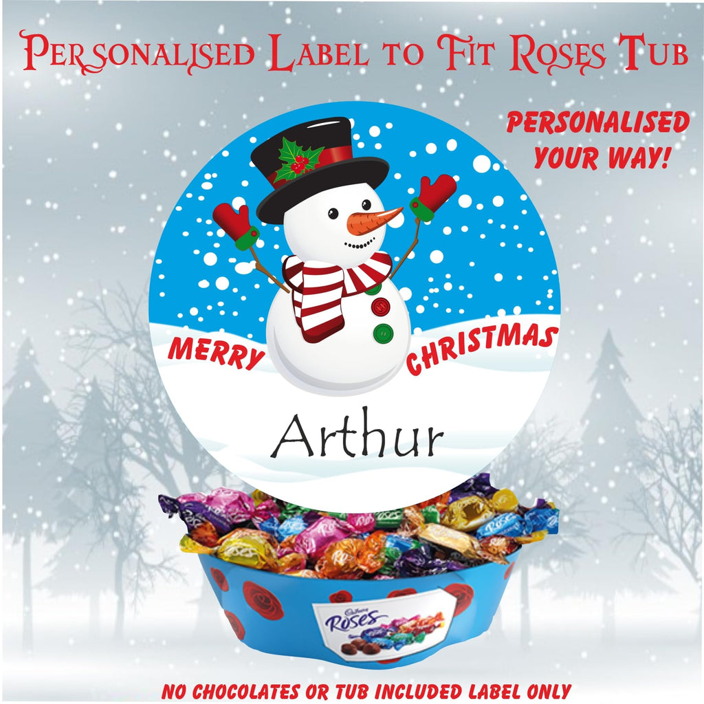 Snowman Personalised Design Christmas label fits Roses Chocolates Tub Christmas chocolates gift idea