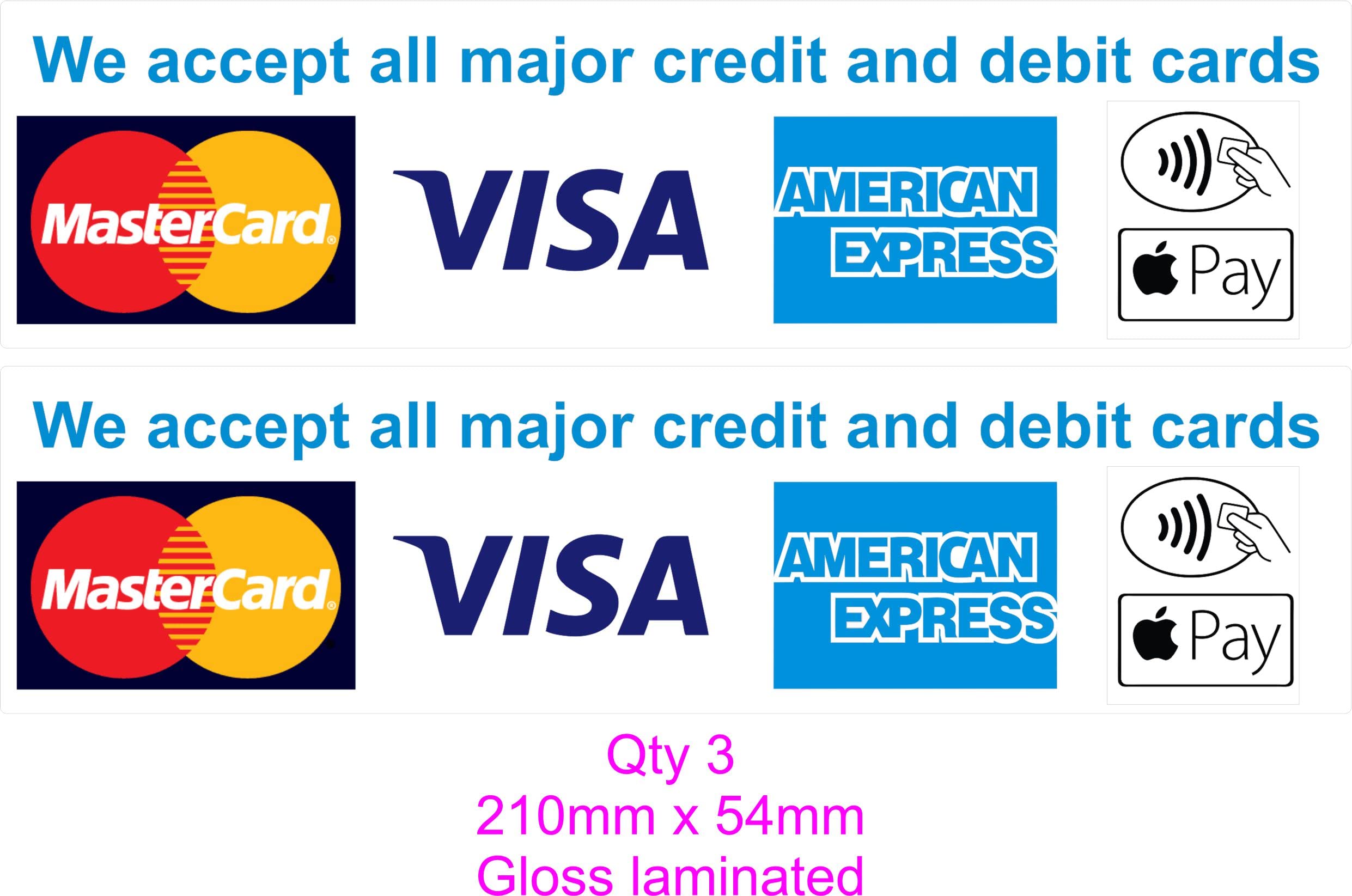 3X Card Payments Accepted Stickers Credit Card MasterCard Visa Apple Pay Contactless Shop Taxi Bar