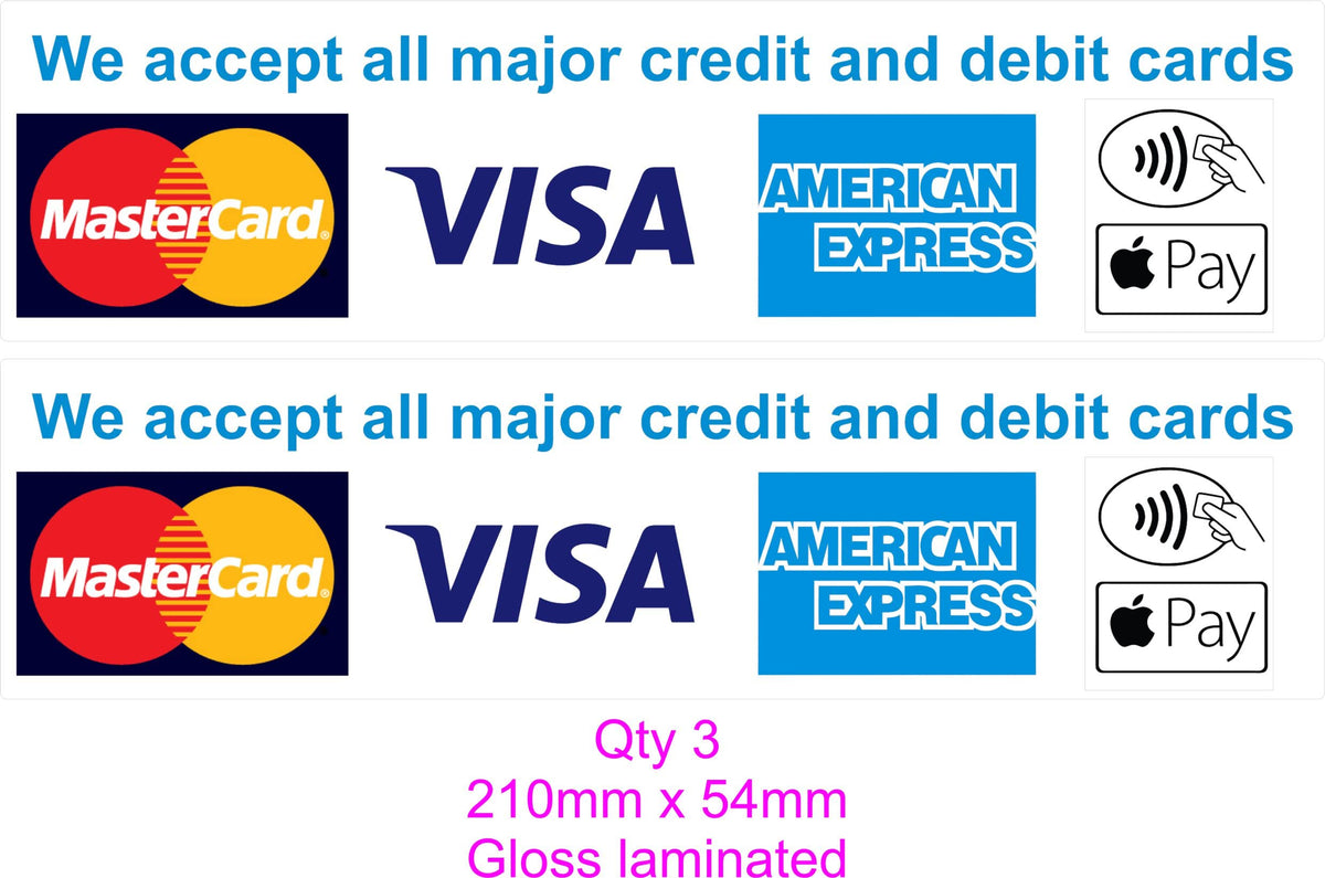 3X Card Payments Accepted Stickers Credit Card MasterCard Visa Apple Pay Contactless Shop Taxi Bar