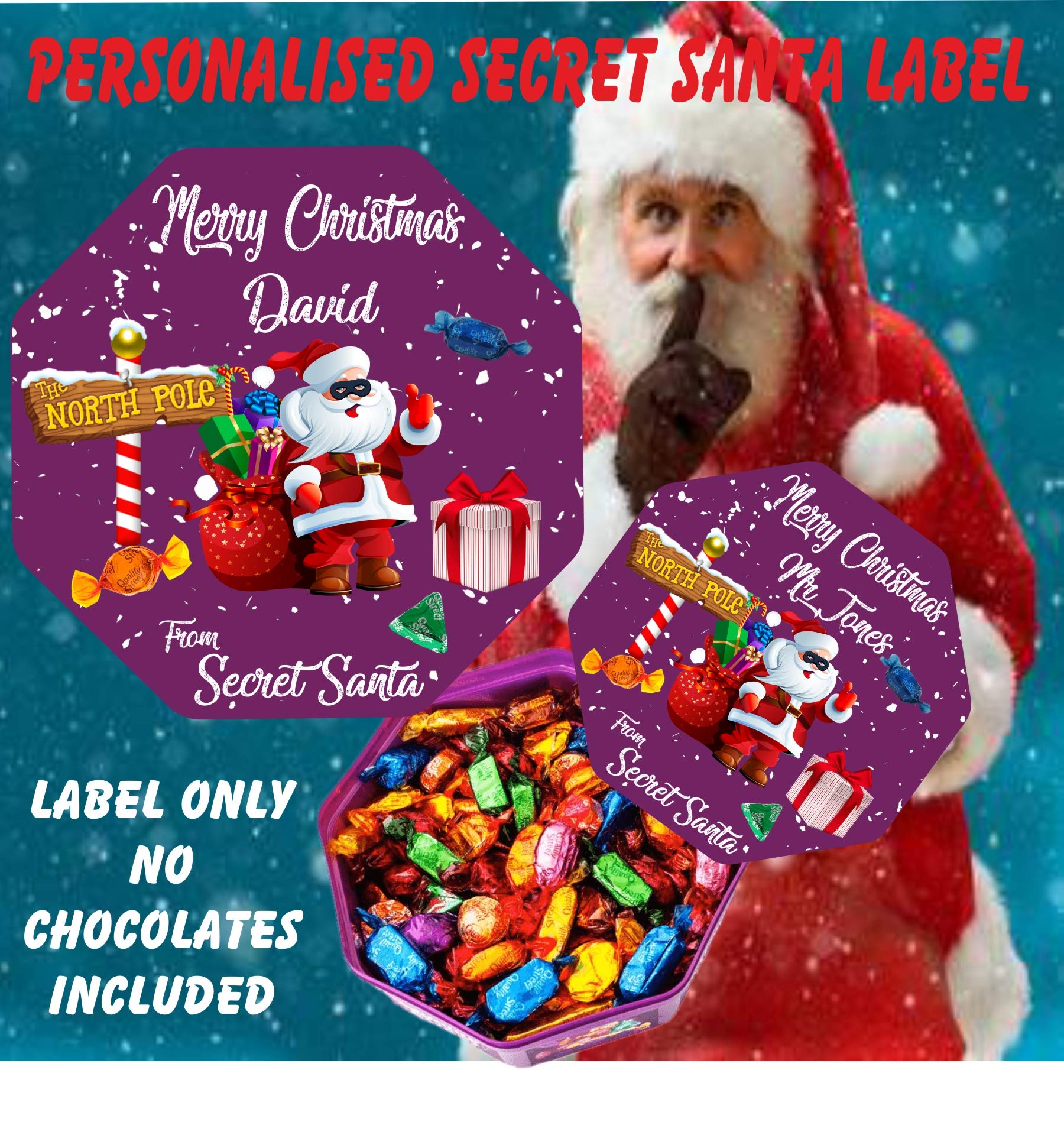 webstickers Personalised Secret Santa Chocolate LABEL ONLY fit Quality Street Tub Christmas