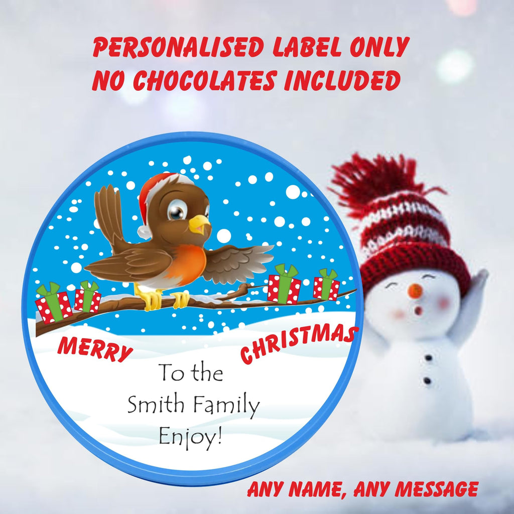 Christmas Robin Design Label Personalised fits Roses Chocolate Tub Christmas Chocolates Gift idea